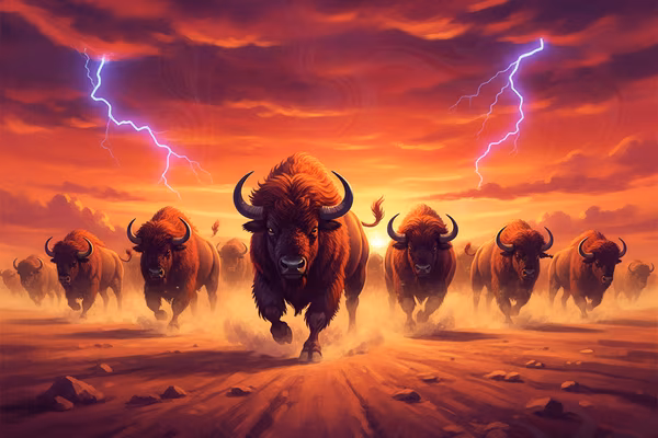5 Wild Buffalo slot cover, a buffalo herd charging across a prairie at sunset