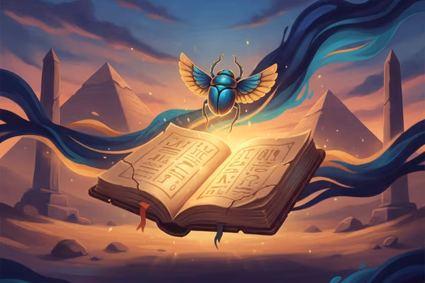 Book of Dead slot cover, a glowing ancient tome floating above the desert