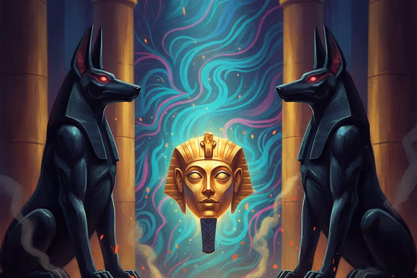 Legacy of Dead slot cover, a pharaoh mask glowing in a dark pyramid chamber