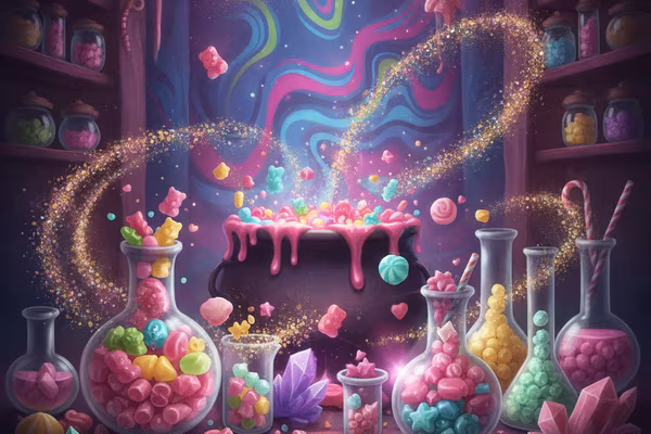 Sweet Alchemy 100 slot cover, a candy laboratory with bubbling flasks