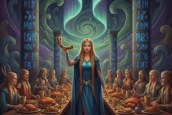 Tales of Asgard: Freya's Wedding slot cover, golden Norse halls of Asgard under a glowing sky
