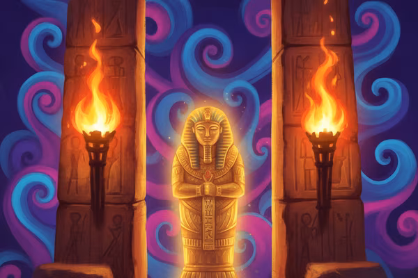 The Tomb slot cover, torch-lit Egyptian tomb entrance with a golden sarcophagus